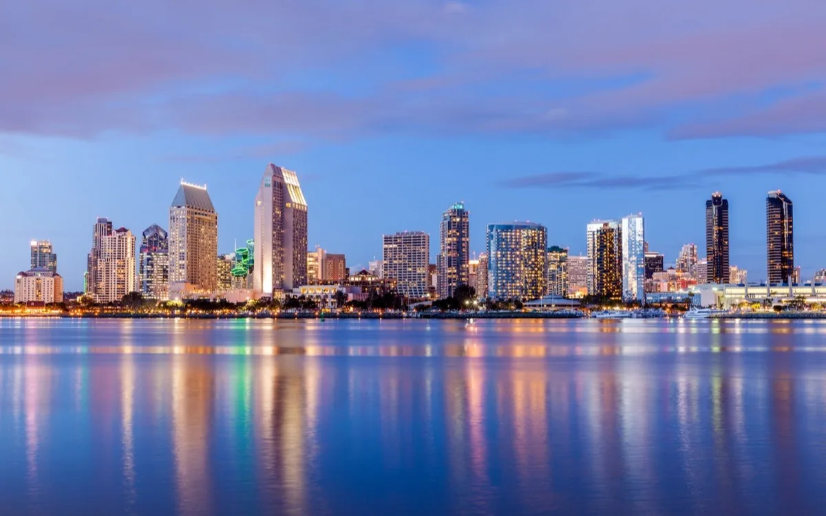 The downtown San Diego skyline at dusk across the bay, from Coronado