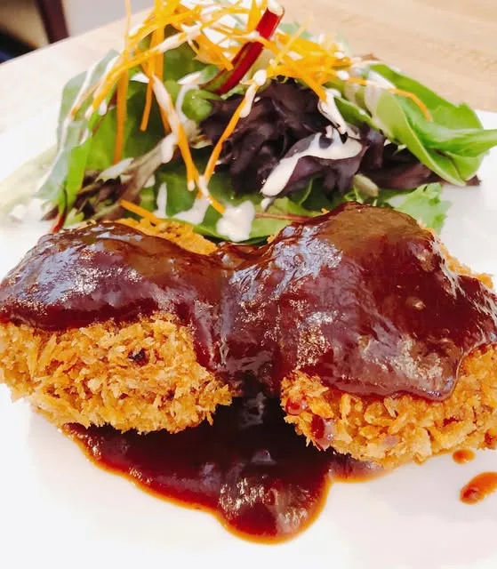 A panko-crusted croquette with salad at I-naba (Torrance)