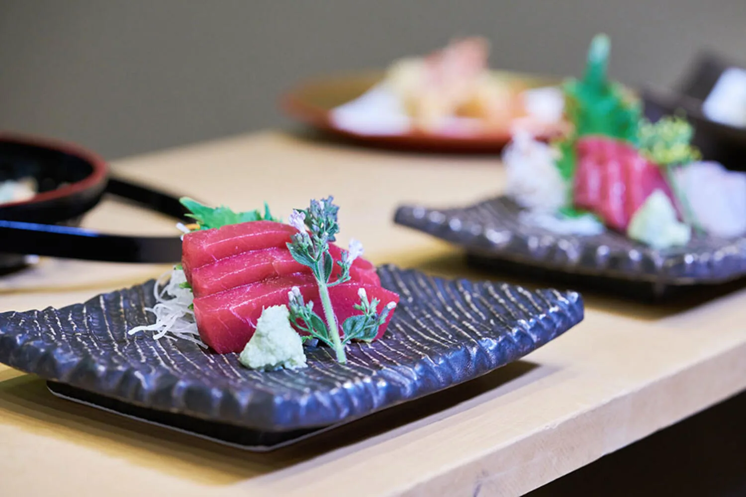 A maguro sashimi course at Tempura Endo's hinoki counter